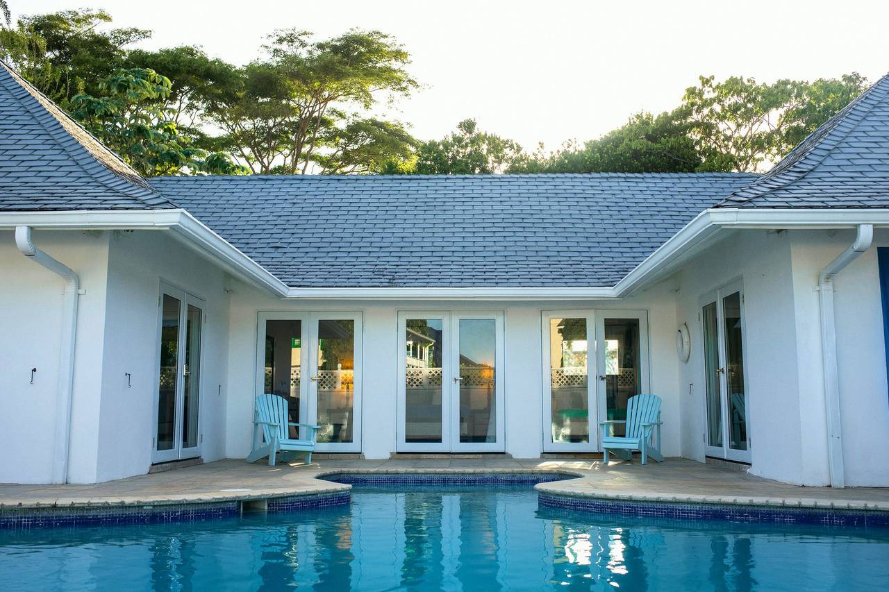 Private pool and French doors at The Heart Villa in Samaan Grove, Canaan, Tobago